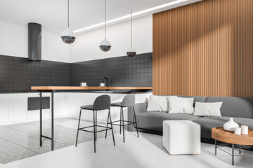 Modern kitchen interior with sofa and island, lounge and eating space