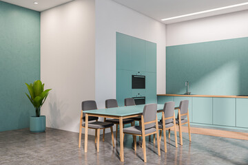 Light kitchen set interior with table and seats, plant. Mockup