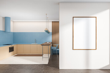 Kitchen interior with island and bar chairs, mock up frame