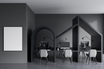 Office workplace interior with furniture, pc computer. Mockup frame