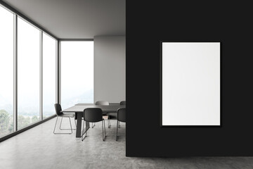 Grey meeting room with modern furniture, panoramic window, mockup frame