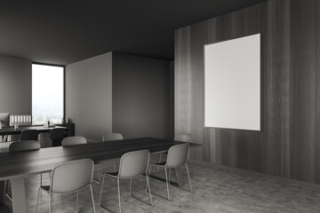 Grey office room with meeting and manager cabinet, window and mockup frame