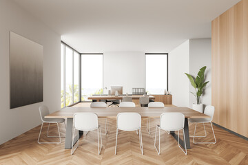 Light business room interior with consulting and meeting space, panoramic window