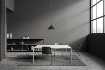Grey meeting room interior with table and seats, shelf and window