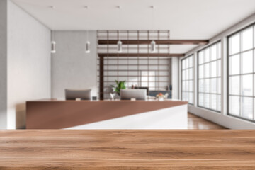 Reception interior and wooden desk on blurred background. Mockup