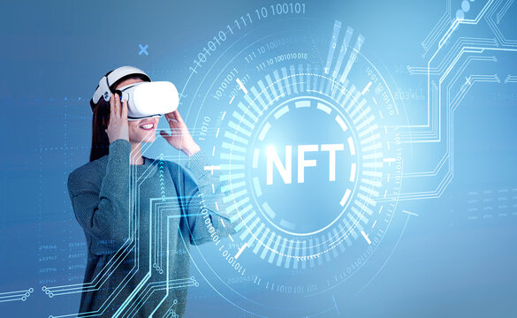 Businesswoman in vr helmet is watching at digital interface