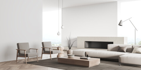 Light living room interior with couch and seats, fireplace near window