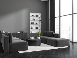Grey chill room interior with couch and decoration, panoramic window, mockup
