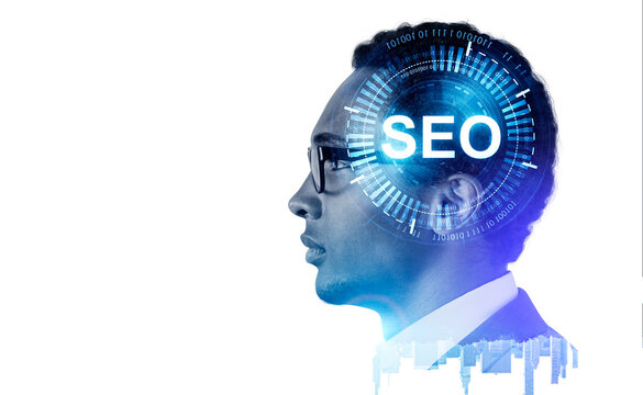 African American businessman is watching at digital interface wi