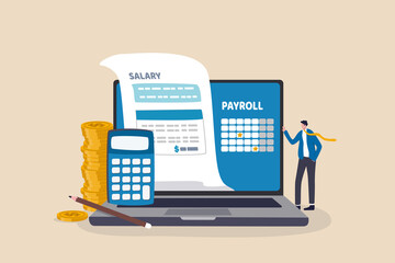 Salary payroll system, online income calculate and automatic payment, office accounting administrative or calendar pay date, employee wages concept, businessman standing with online payroll computer. - obrazy, fototapety, plakaty