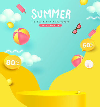 Summer sale banner with product display cylindrical shape