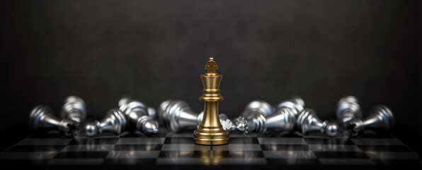 Close up king chess stand with falling chess on the back concept of team player or business team...