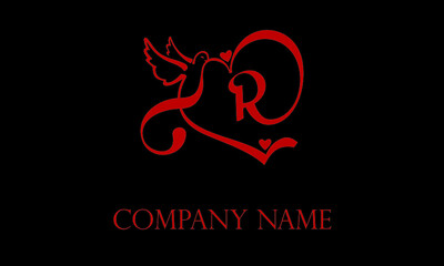 Alphabet R with Love Bird nature text design vector logo template