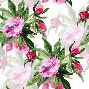 Peonies seamless   pattern,flowers watercolor illustration.Image on white and colored background.