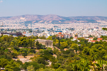 Fototapeta na wymiar Panoramic view on Athens from Acropolis with Temple of Hephaestus