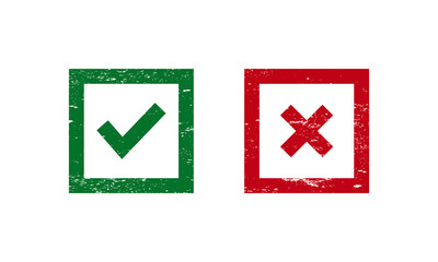 Checkmark Grunge stamp template. Set of green and red cross and hook Checkmark OK and X icons