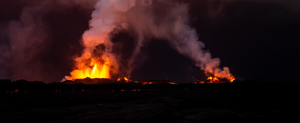 Aerial Panorama view of Icelandic active volcanic eruption