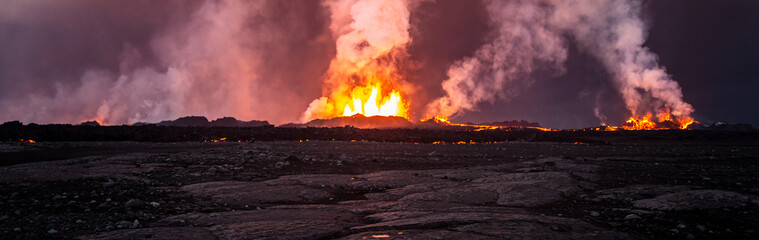 Fototapeta na wymiar Aerial Panoramic view active volcanic erupting lava Iceland