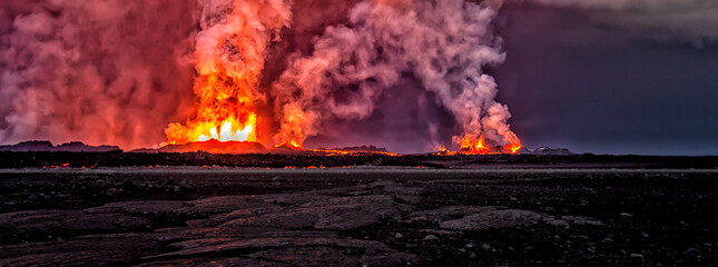 Aerial Panoramic view of Iceland active volcanic eruptions © Spotmatik