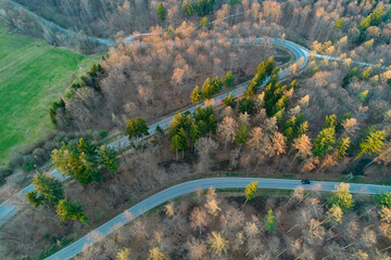 Travel through serpentine in the German mixed forest in the spring evening. Aerial view of road lined with bare trees. High angle shot with driving cars in the evening in Europe.