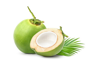 Coconut juice in half fruit isolated on white background.
