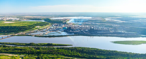 Aerial Panoramic view of  Petrochemical oil refinery Alberta