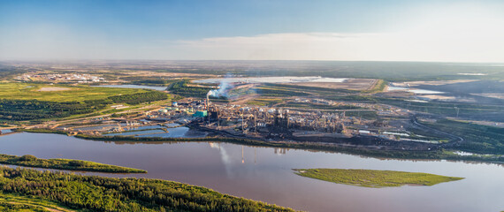 Aerial Panorama view Oil Refinery Athabasca river Alberta