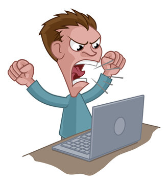 Angry Stressed Man Shouting at Laptop Cartoon
