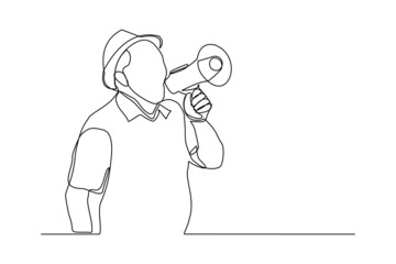 Continuous single one line drawing of business man holding megaphone to speak announce and advertisement vector illustration