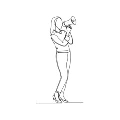Continuous single one line drawing of business woman holding megaphone to speak announce and advertisement vector illustration