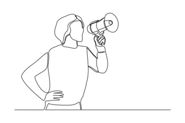 Continuous single one line drawing of business woman holding megaphone to speak announce and advertisement vector illustration