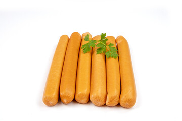 several Strasbourg sausages isolated on white background
