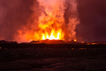 Fototapeta na wymiar Aerial Icelandic molten lava escaping from open fissures