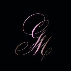 GM monogram logo.Calligraphic signature icon.Uppercase letter g, letter m.Lettering sign isolated on dark fund.Wedding, fashion, beauty alphabet initials.Handwritten, decorative style characters.