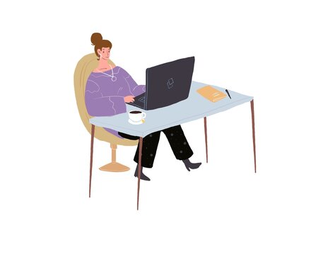 Vector cartoon flat woman character sits at table,young girl studies and works using laptop-distance education and working,online learning and freelance work concept,web site banner ad design