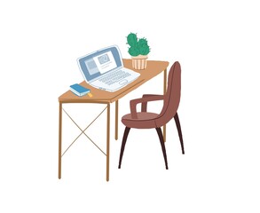 Vector flat cartoon chair and work desk with laptop,table plant and book on empty background-electronic equipment,office interior elements,workplace organization concept,web site banner ad design