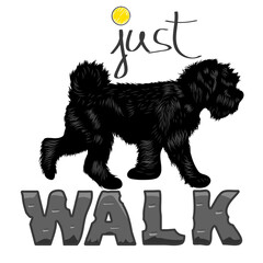 Dog walking on stone letters and slogan 