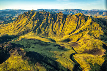Aerial view of fertile volcanic Landscape Landmannalaugar Iceland
