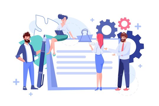 Tiny business people discussing contract or finance agreement paper document flat vector illustration. Businessman pen holding pen, businesswoman talking. Paperwork and project investigation concept