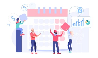Business people team engaged in planning organizing office work process flat vector illustration. Entrepreneurship and calendar schedule creation concept