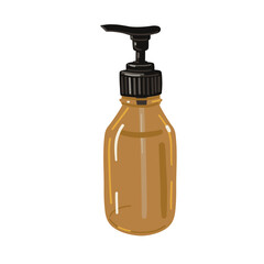 Cosmetic pump bottle, vector illustration. Vintage yellow glass bottle isolated on white. 