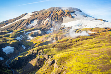 Aerial Landmannalaugar Iceland mountain venting hot steam Europe