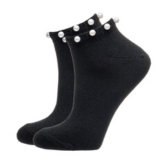 A pair of fabric socks stands on a white isolated background. Volumetric socks on a transparent mannequin.
