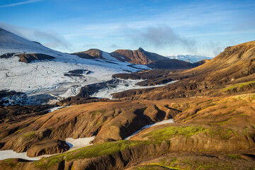 Aerial view of Icelandic glacier in summer Landmannalaugar
