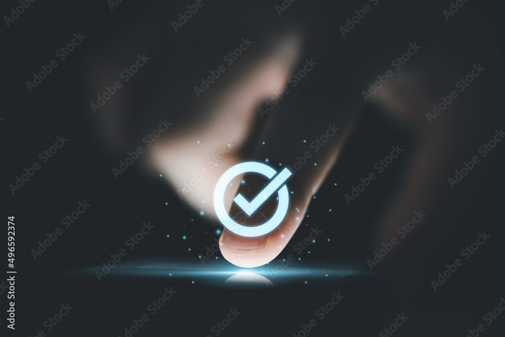 Aufkleber Hand touching to screen with tick correct mark to approve document and project concept.