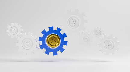 Golden currency sign inside mechanical gear with others currency include Yuan Yen Euro Pound for forex and money transfer concept by 3d render.