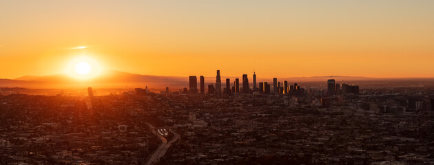 Aerial Panorama the sun rising Los Angeles California