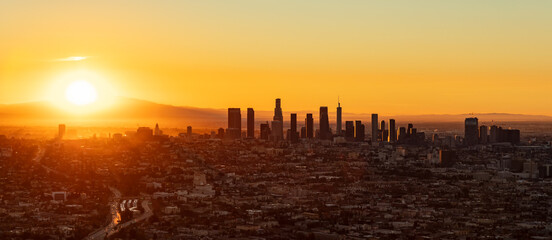 Aerial Panorama American view of sunrise Los Angeles