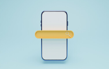 Search bar icon with smartphone  on blue background , Web search engine and SEO Search Engine Optimization concept by 3D rendering.