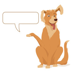 A golden retriever sits with a raised paw and ear. A pet, talking dog, message box.  Vector illustration, cartoon, complex flat, isolated on white background